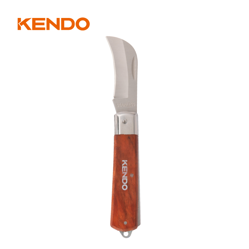 Cuchillo de electricista de acero inoxidable con hoja curva y mango de madera