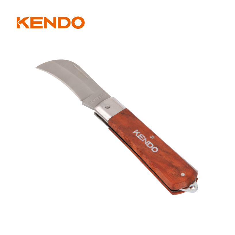 Cuchillo de electricista de acero inoxidable con hoja curva y mango de madera