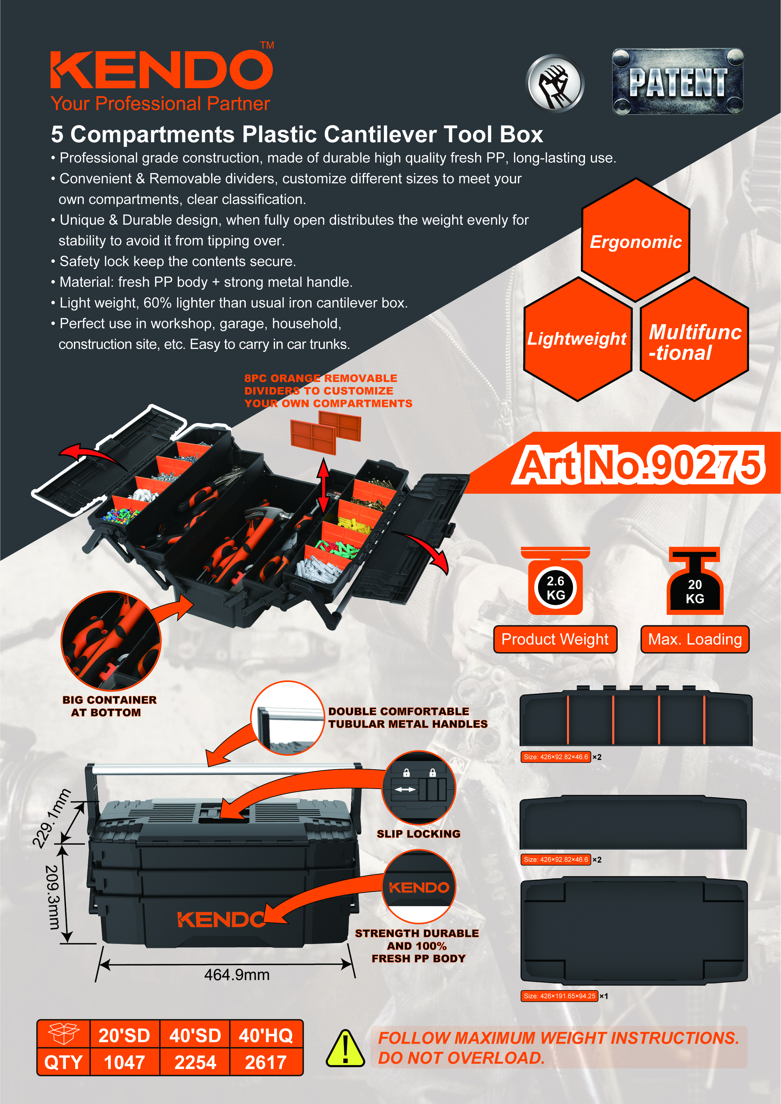 Caja de herramientas cantilever de pl&aacute;stico de 5 compartimentos