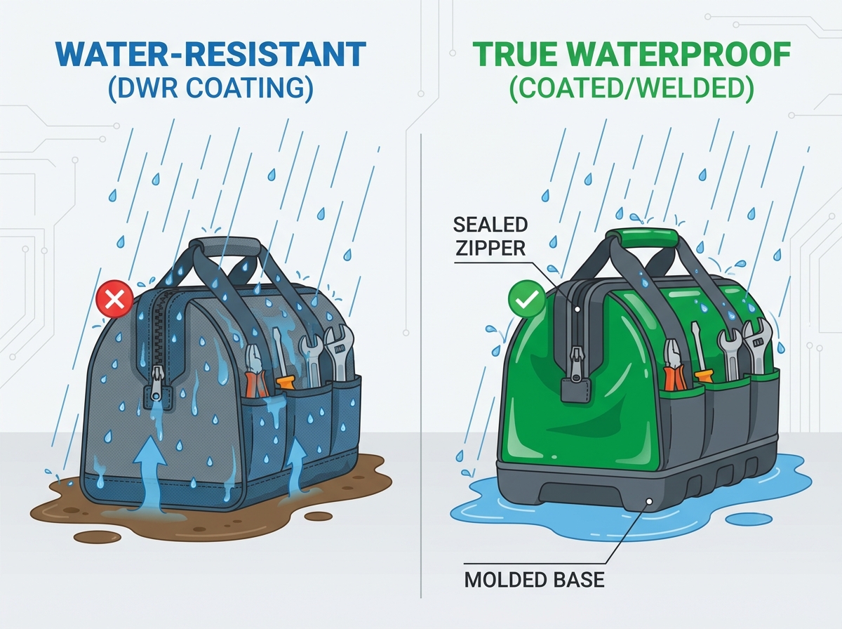 Bolsa de herramientas impermeable apoyada sobre una superficie h&uacute;meda del lugar de trabajo